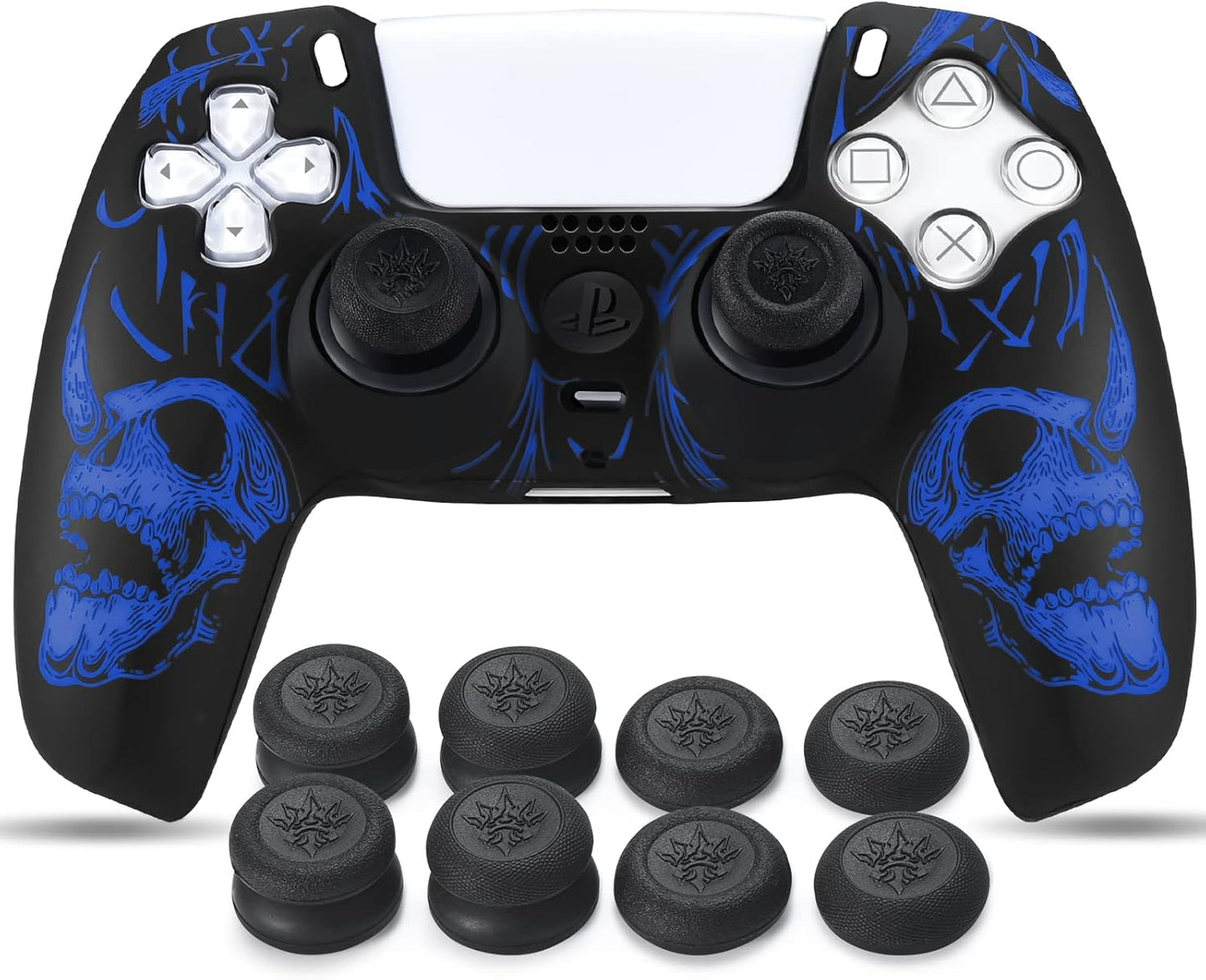 Laser Carving Silicone Skin for PS5 Controller X 1(Skulls Blue) with Exclusive Thumb Grips X 8