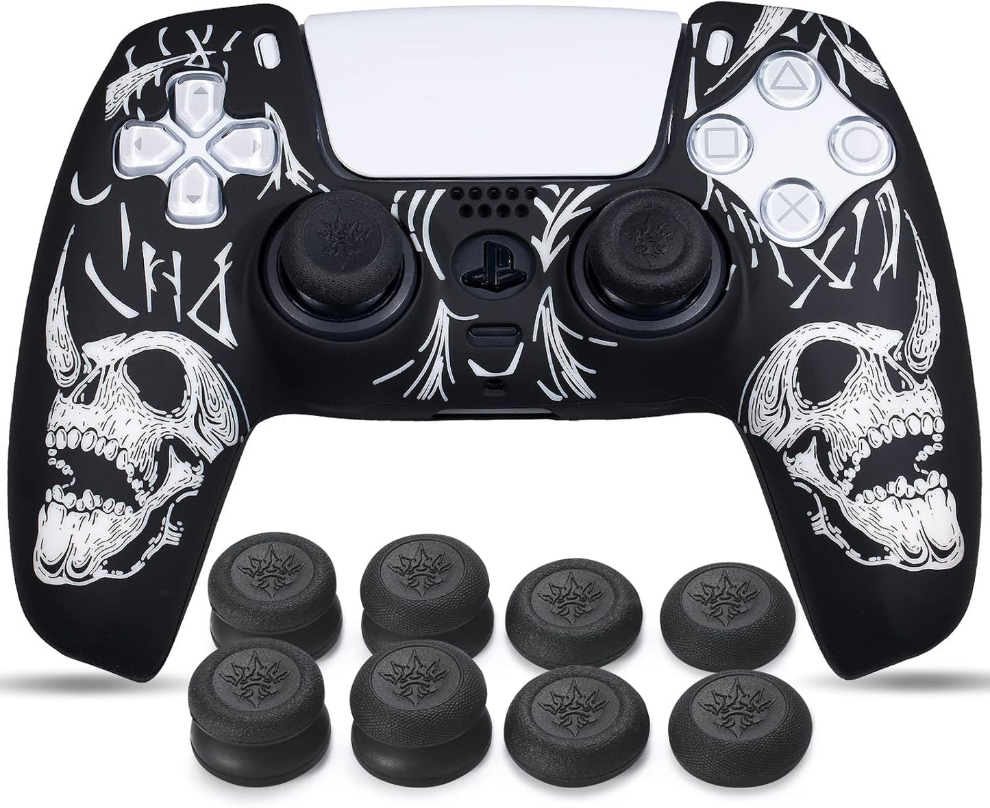 Laser Carving Silicone Skin for PS5 Controller X 1(Skulls White) with Exclusive Thumb Grips X 8