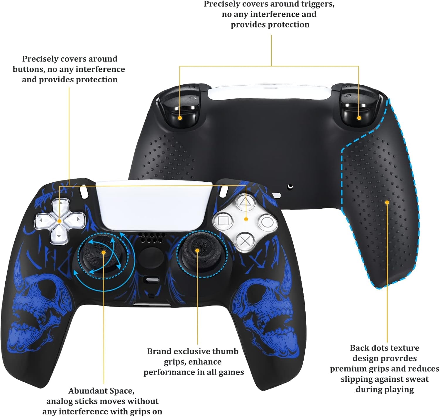 Laser Carving Silicone Skin for PS5 Controller X 1(Skulls Blue) with Exclusive Thumb Grips X 8