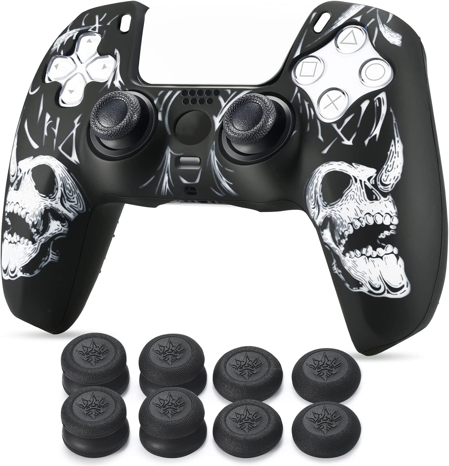 Laser Carving Silicone Skin for PS5 Controller X 1(Skulls White) with Exclusive Thumb Grips X 8