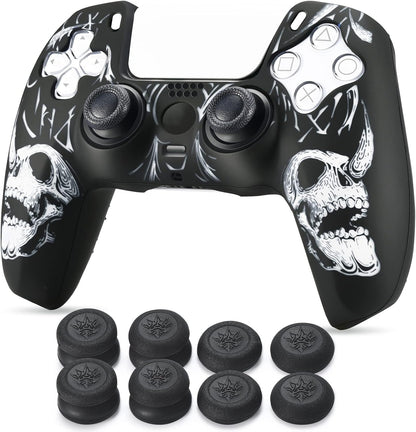 Laser Carving Silicone Skin for PS5 Controller X 1(Skulls White) with Exclusive Thumb Grips X 8