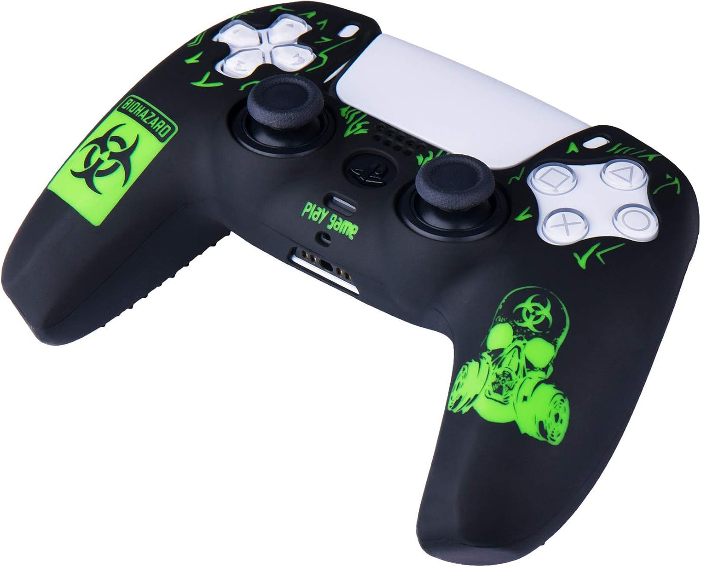 Silicone Rubber Back Dots Carving Customizing Skin Cover for PS5 Controller X 1(BH Green) with Pro Thumb Grips X 10
