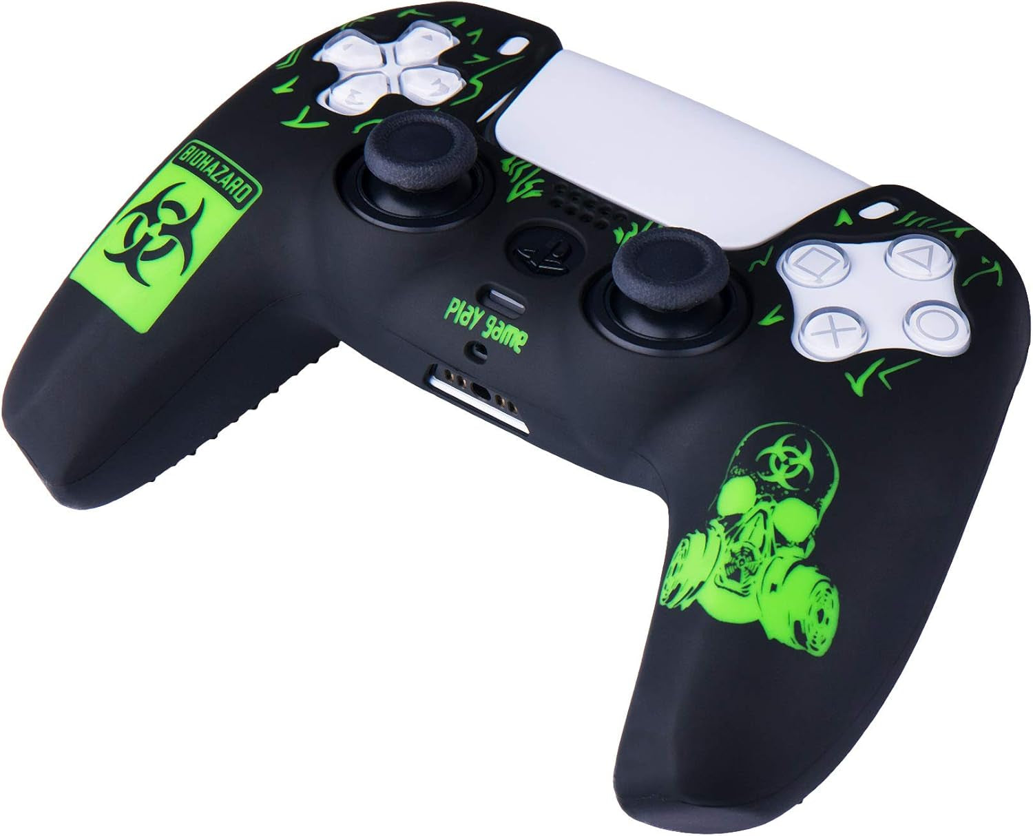 Silicone Rubber Back Dots Carving Customizing Skin Cover for PS5 Controller X 1(BH Green) with Pro Thumb Grips X 10
