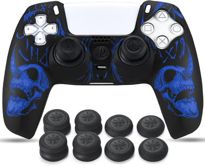 Laser Carving Silicone Skin for PS5 Controller X 1(Skulls Blue) with Exclusive Thumb Grips X 8