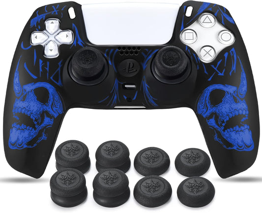 Laser Carving Silicone Skin for PS5 Controller X 1(Skulls Blue) with Exclusive Thumb Grips X 8