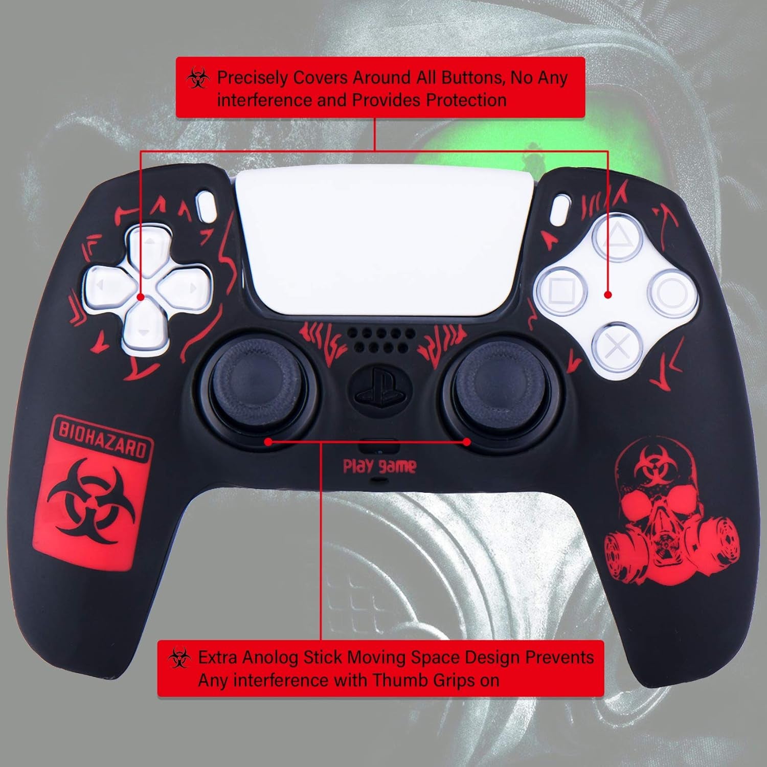 Silicone Rubber Back Dots Carving Customizing Skin Cover for PS5 Controller X 1(BH Red) with Pro Thumb Grips X 10