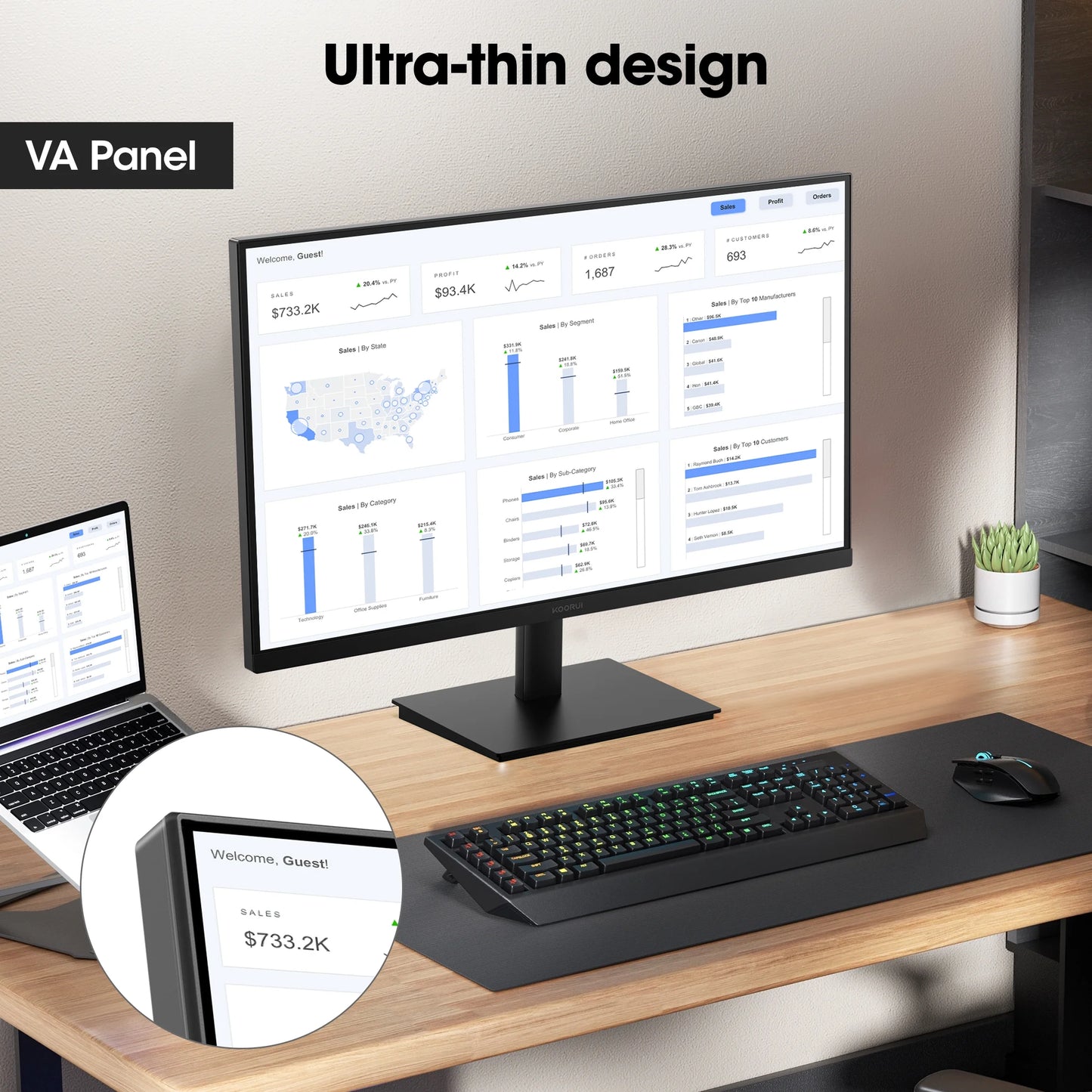 24'' FHD 1920×1080P Computer Monitor, 100Hz PC Monitor, HDMI&VGA VESA, E2412F