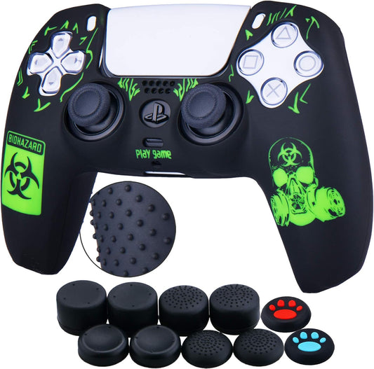 Silicone Rubber Back Dots Carving Customizing Skin Cover for PS5 Controller X 1(BH Green) with Pro Thumb Grips X 10