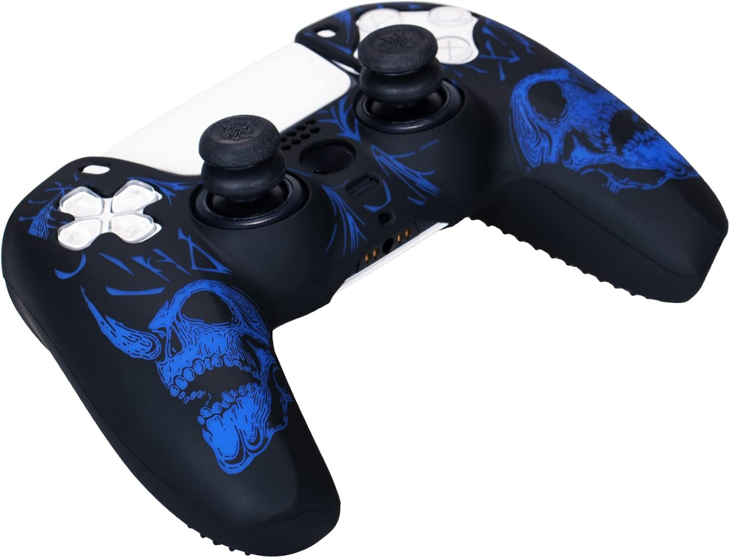 Laser Carving Silicone Skin for PS5 Controller X 1(Skulls Blue) with Exclusive Thumb Grips X 8