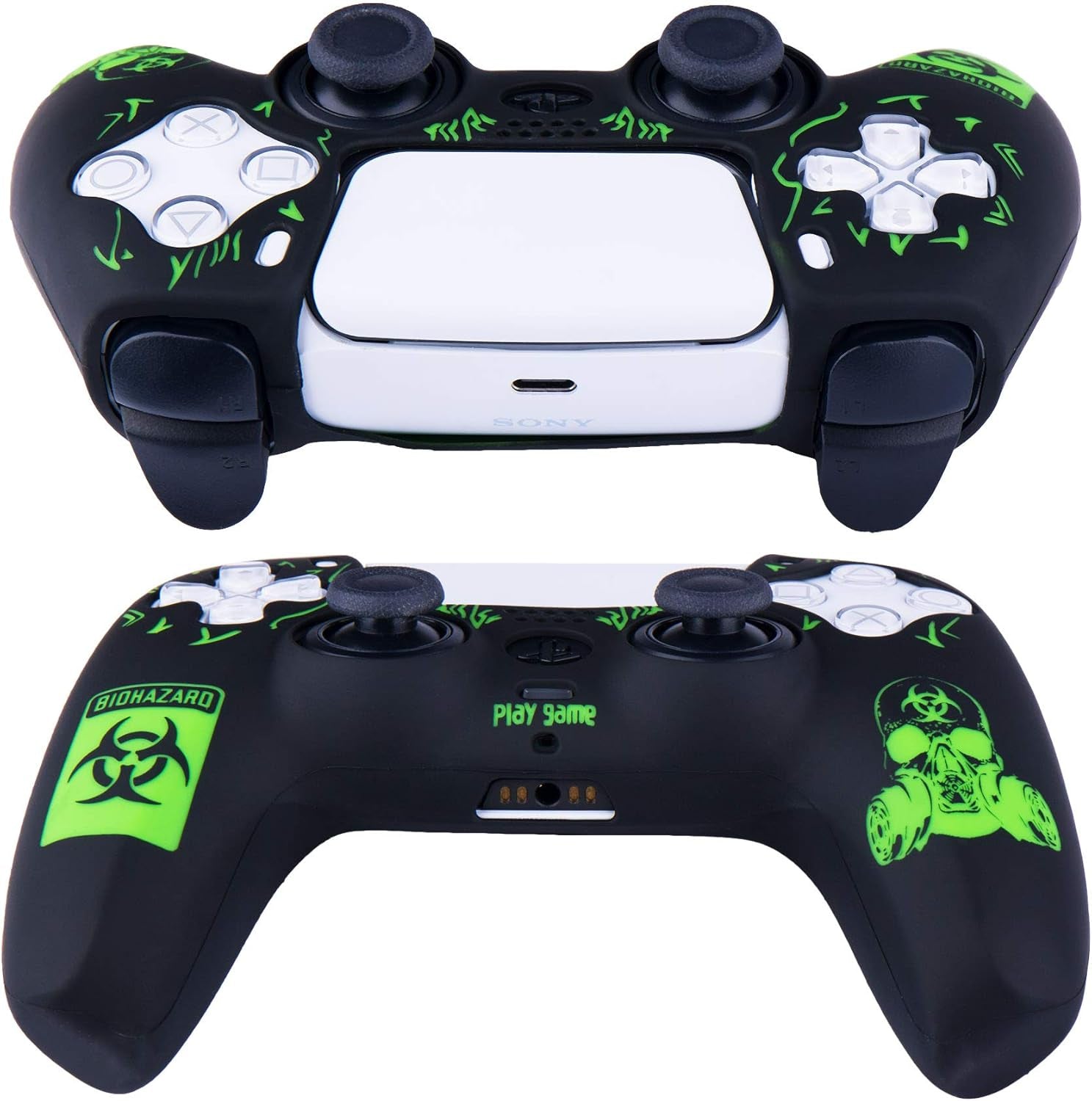 Silicone Rubber Back Dots Carving Customizing Skin Cover for PS5 Controller X 1(BH Green) with Pro Thumb Grips X 10