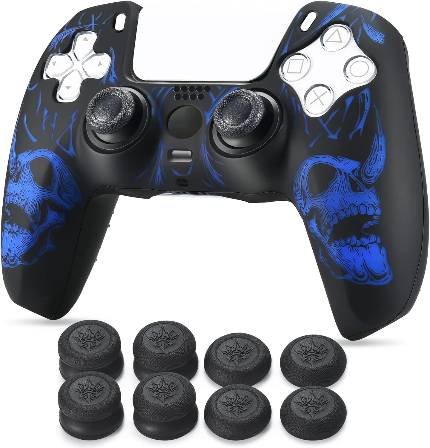 Laser Carving Silicone Skin for PS5 Controller X 1(Skulls Blue) with Exclusive Thumb Grips X 8