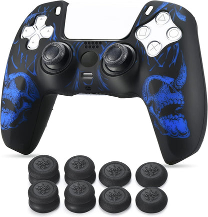 Laser Carving Silicone Skin for PS5 Controller X 1(Skulls Blue) with Exclusive Thumb Grips X 8