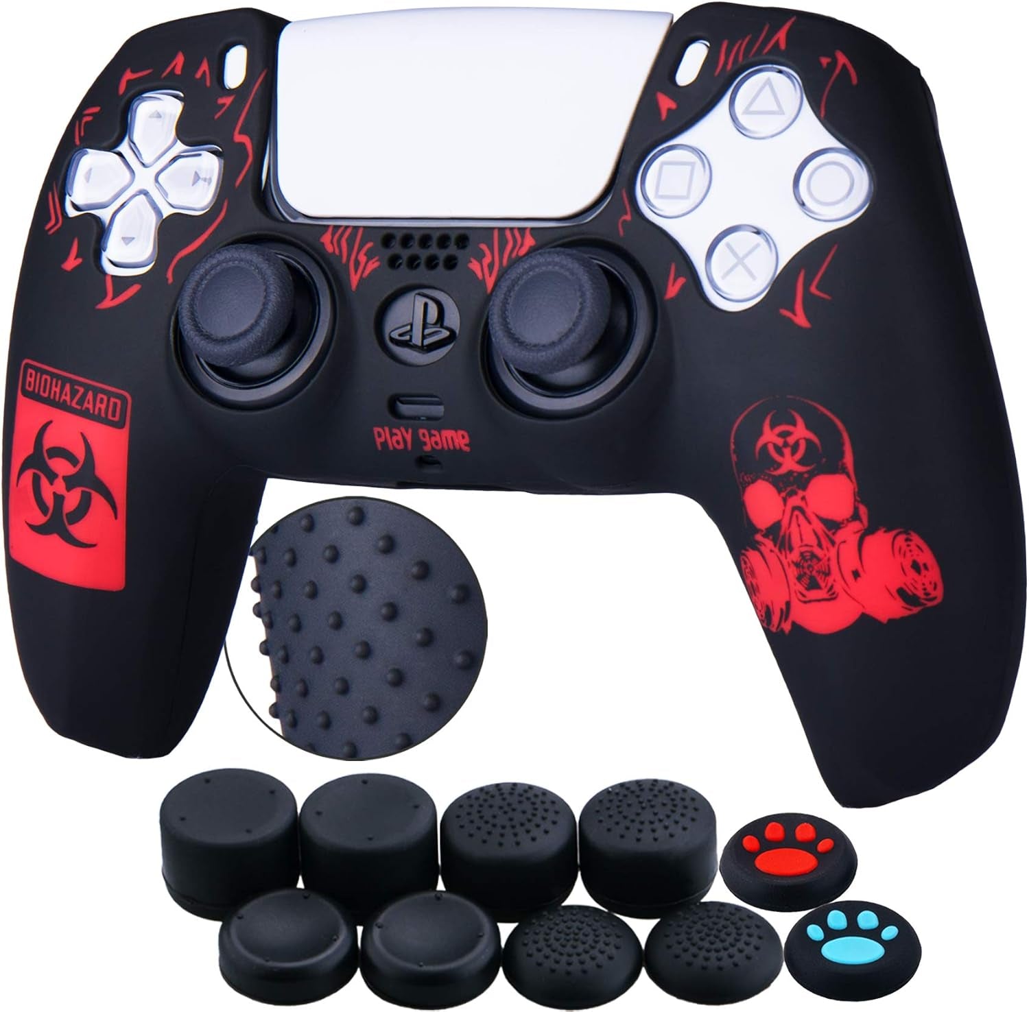 Silicone Rubber Back Dots Carving Customizing Skin Cover for PS5 Controller X 1(BH Red) with Pro Thumb Grips X 10