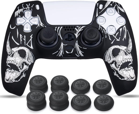 Laser Carving Silicone Skin for PS5 Controller X 1(Skulls White) with Exclusive Thumb Grips X 8