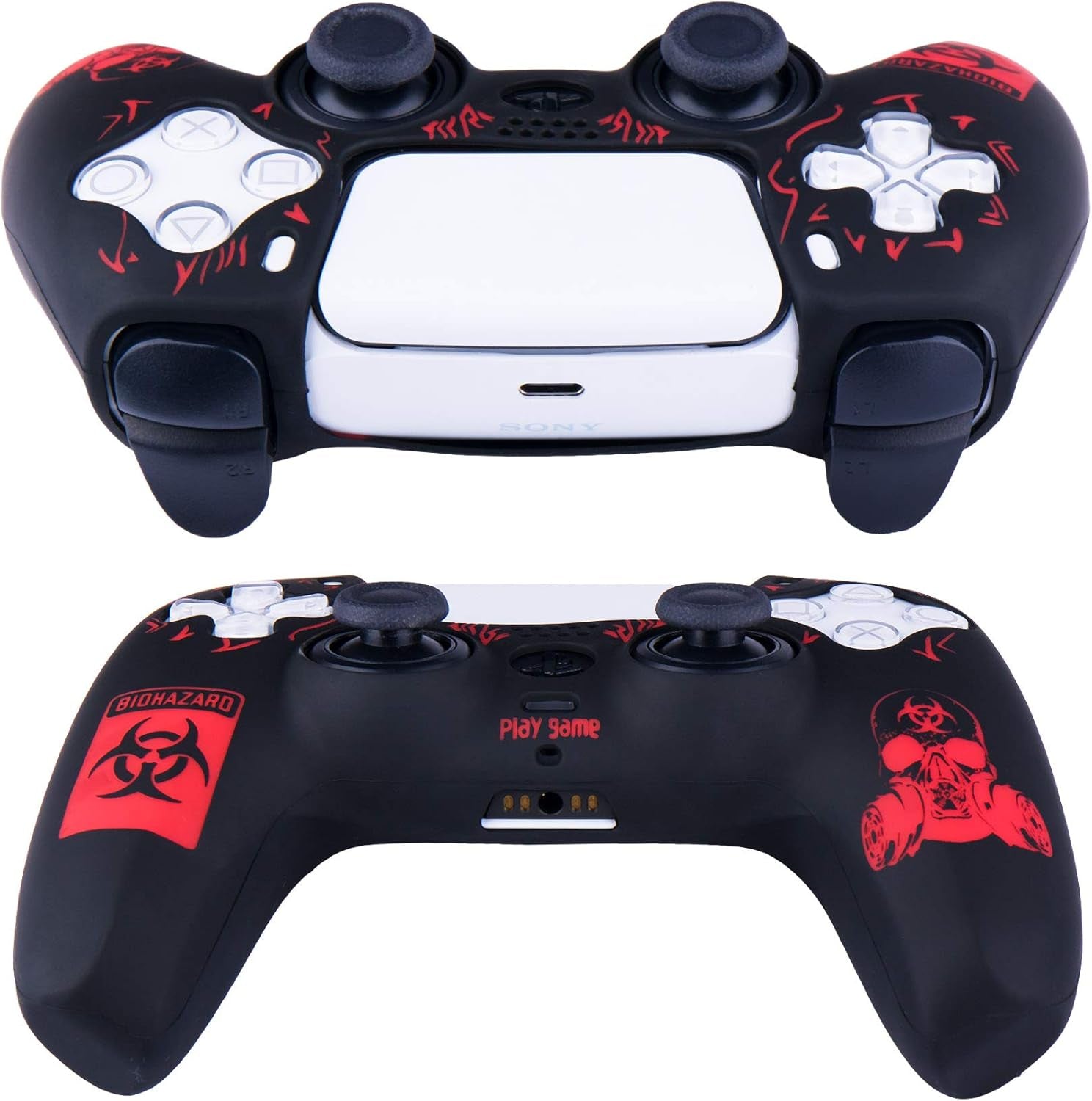 Silicone Rubber Back Dots Carving Customizing Skin Cover for PS5 Controller X 1(BH Red) with Pro Thumb Grips X 10